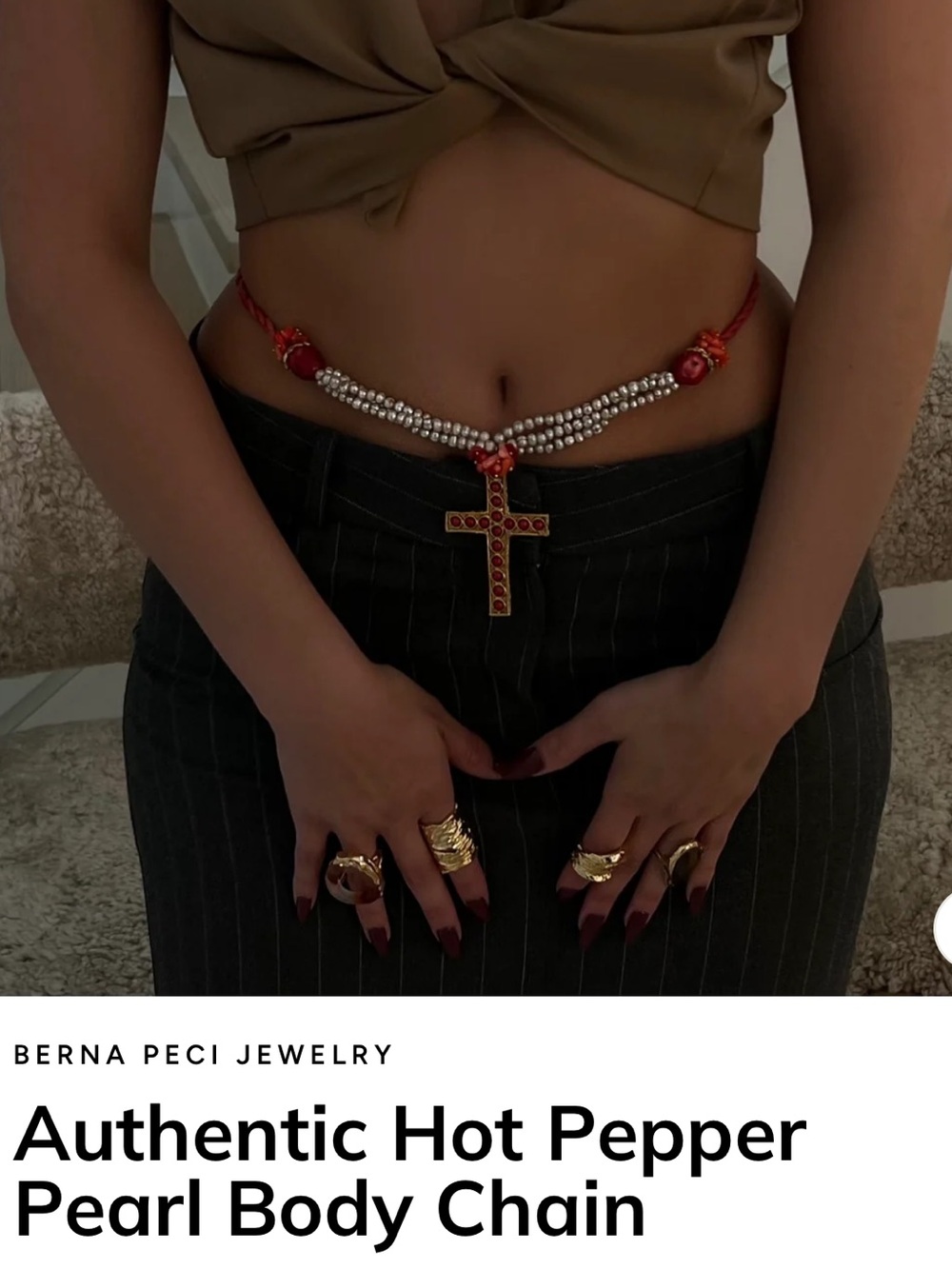 Red Pearl Strand Necklace/ Belly Chain Cross Pendant - BERNA PECI